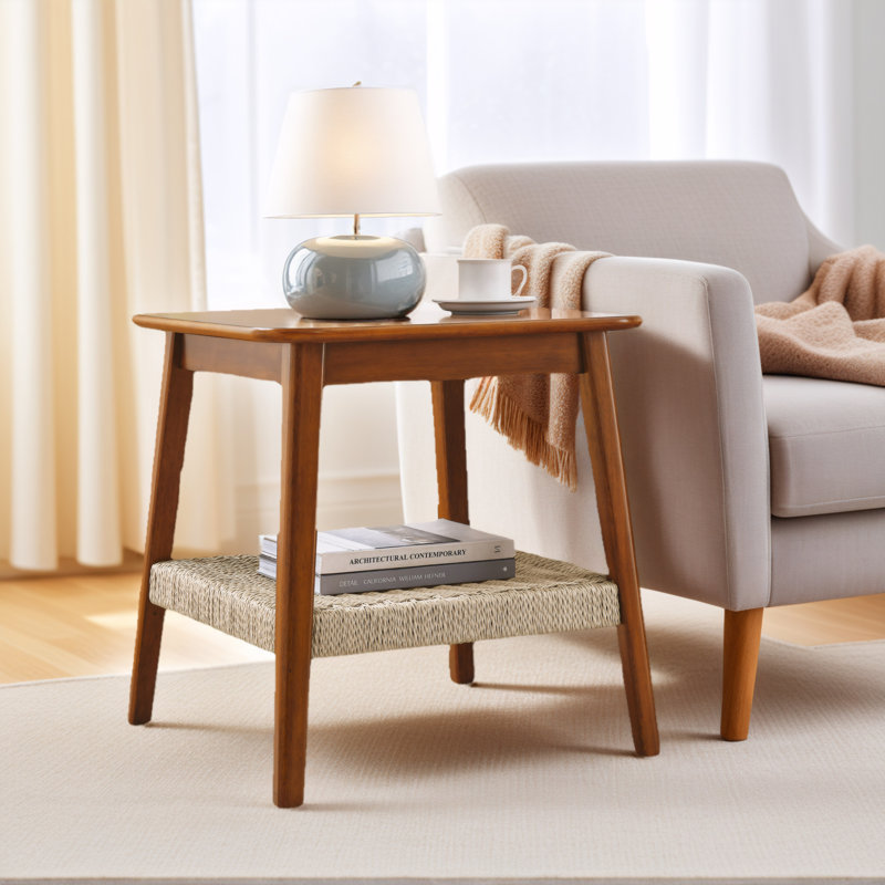 Table d'appoint Mid-Century Boho - 23 po avec tablette de rangement tissée, Brun