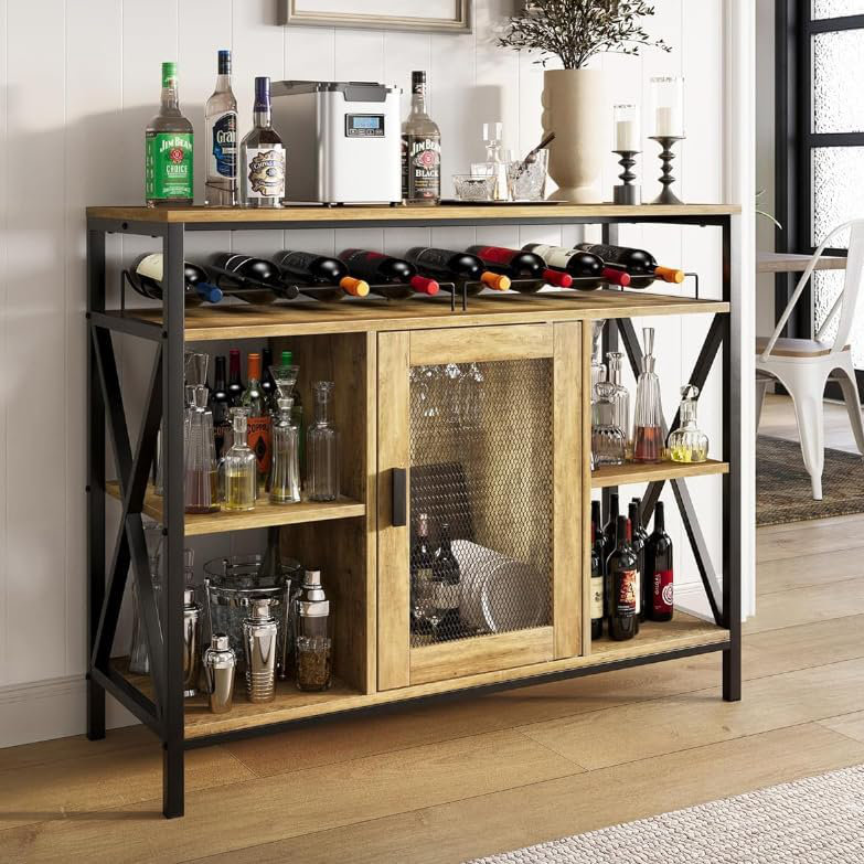 Wine Bar Cabinet With Storage, Industrial Liquor Cabinet With Wine Rack & Glass Holder, Small Wood Metal Cart Bar Alcohol Table Sideboard Buffet For Home Kitchen Living Room, Oak