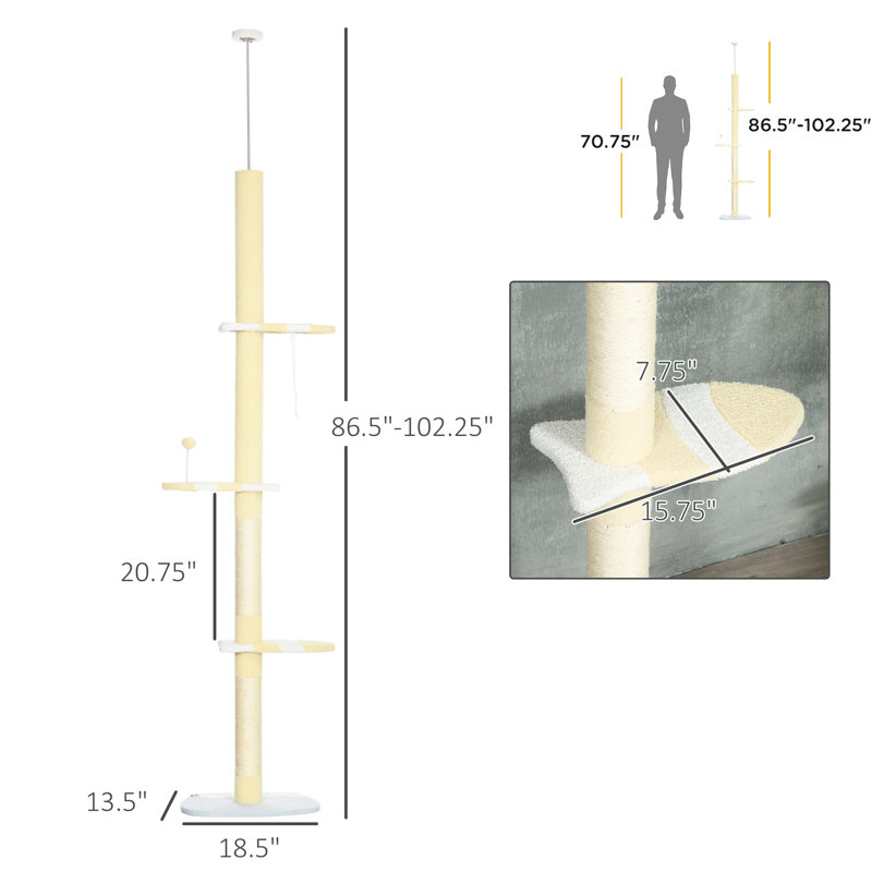 4 arbres à chat avec plancher et plafond de 86,5 po à 102,25 po de hauteur réglable pour grattage de la structure du panneau de particules solide Revêtement doux Chats de moins de 10 lb Assemblage nécessaire