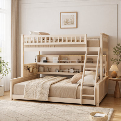 Lit superposé simple au-dessus d'un grand lit pour enfants et ados avec tablettes intégrées, lumières DEL à changement de couleur et panneau perforé, mobilier de chambre peu encombrant, blanc