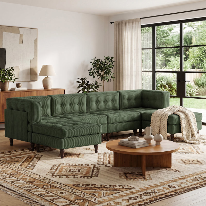 6 - Piece Upholstered Green Tufted Corduroy Modular Sectional with Pillow Back and Two Removable Flip-Tray Top Storage Ottoman