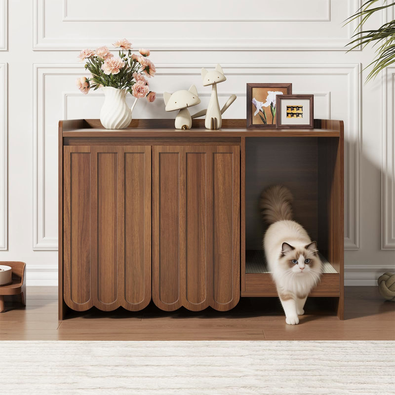 Enceinte cachée pour litière pour chat, armoire à chat décorative en bois avec patin à griffer, Noyer