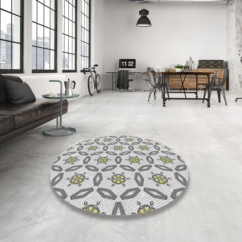 Tapis vert/gris à motifs, Rond 5 pi