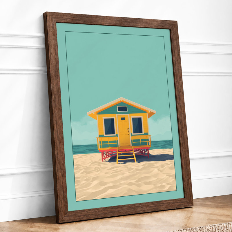 Yellow House by the Shore Coastal - Framed Print, A3 - 42.0 x 29.7 cm, Walnut