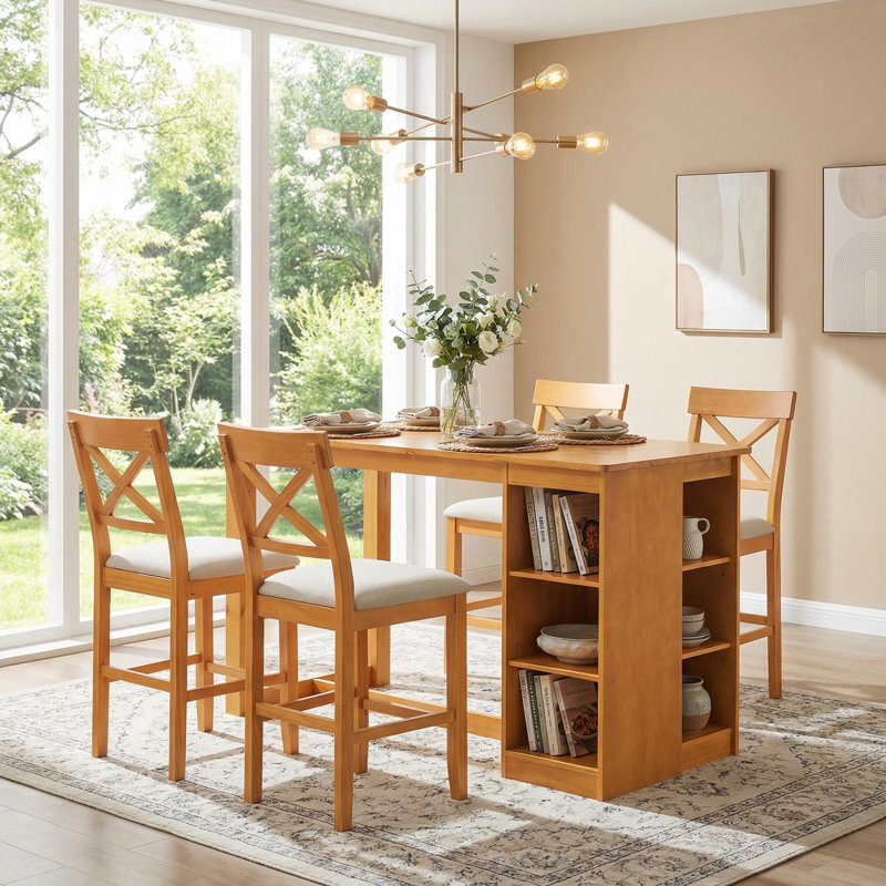 Ensemble de table de salle à manger à hauteur de comptoir Farmhouse pour 4 personnes, tablettes de rangement à 3 niveaux en bois massif, chaises rembourrées à dossier en X, îlot de cuisine H 36 po, 5 pièces, brun rustique