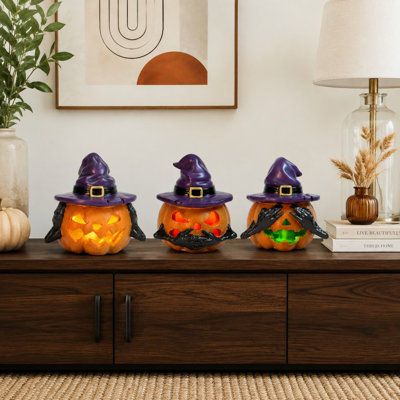 3Pcs Resin Witch-Hat Pumpkin Figurines with Colorful Lights for Indoor Halloween Mantel, Table, Shelf or Porch Decor; Scary Gift for Women; 2.5 * 2.25 * 2.25 Inch