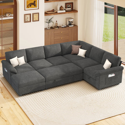 Belrose 105" U-Shaped Linen Upholstered Sleeper Sectional with Pull-Out Bed and Dual Storage, Gray