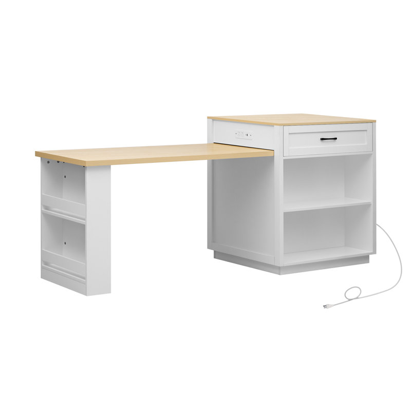 Îlot de cuisine 82,7 po avec table de salle à manger extensible pour 4 à 6 personnes, plateau en faux marbre, rangement et prise de courant, blanc