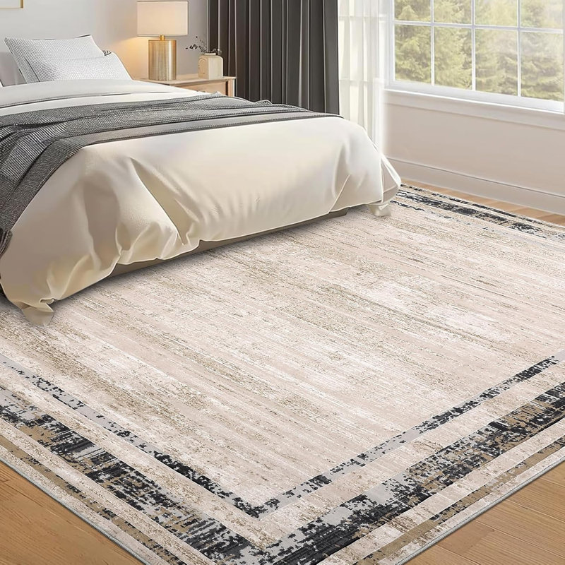 Washable Low-Pile Area Rug with Non-Slip Backing, Distressed Edge Modern Design for Living Room, Bedroom, Office