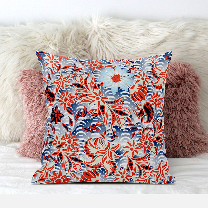 Flying Floral Paisley Outdoor Pillow Floral Outdoor Reversible Throw Pillow, 18" x 18", Red/Blue