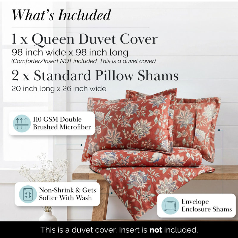 Jacobean Willow oversized duvet cover set, Full Duvet Cover + 2 Standard Shams, Red