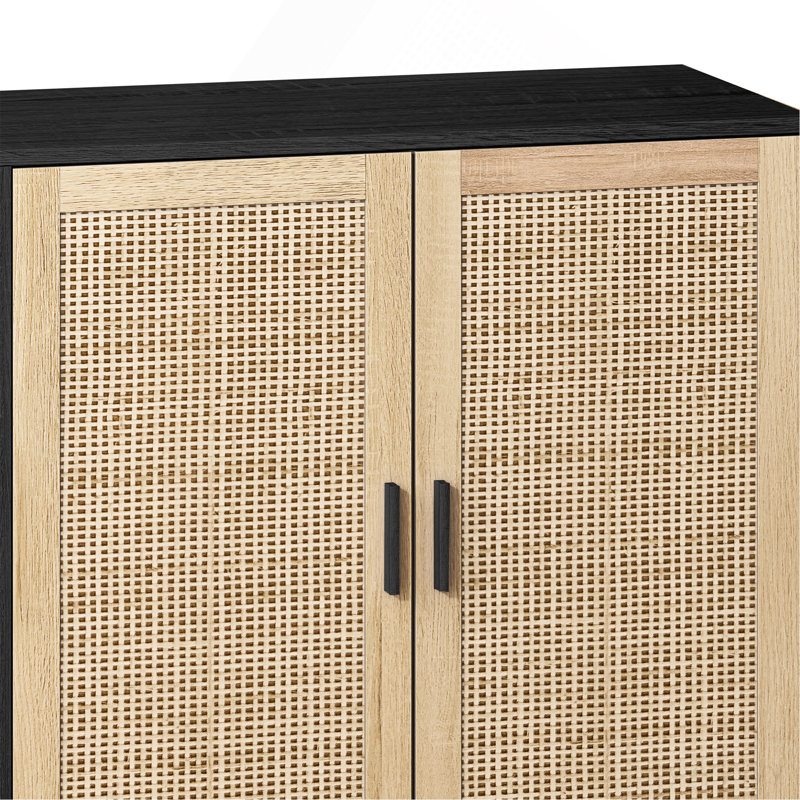 62.20"Elegant And Functional 4-Door Rattan Decorative Storage Cabinet,For Bedroom,Living Room,Office,Easy Assembly, Black