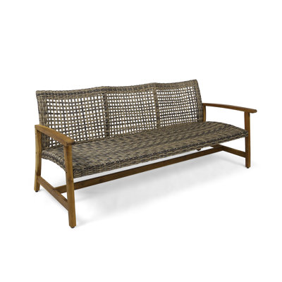 Weather-resistant Acacia Wood Wicker Sofa - 3-person Outdoor Seating With Iron Accents, Natural+grey Finish For Backyard/deck