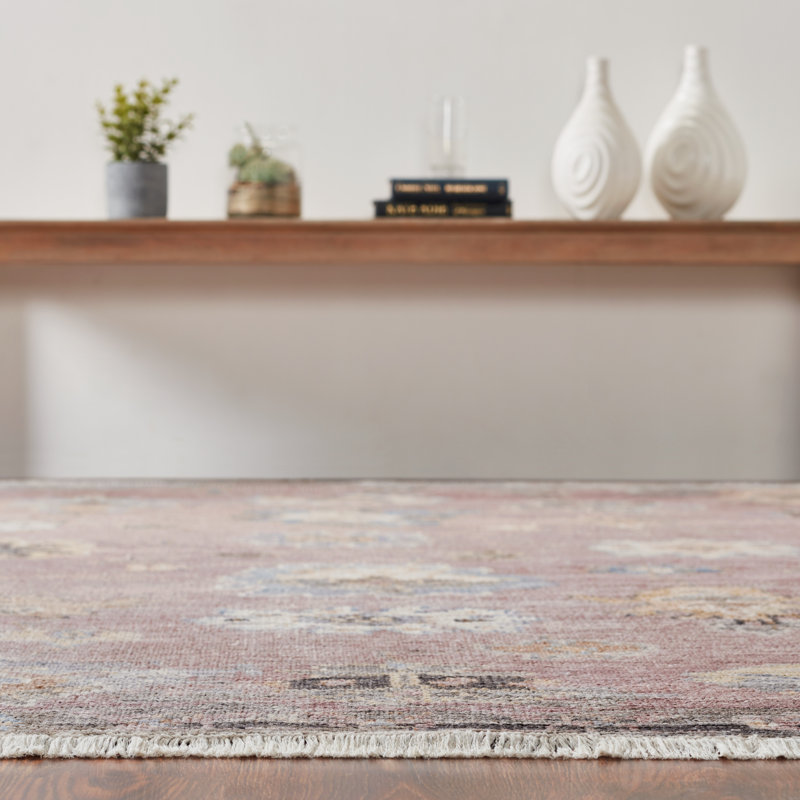 Fozie Hand Knotted Oriental Area Rug in Pink, Rectangle 8' x 10'