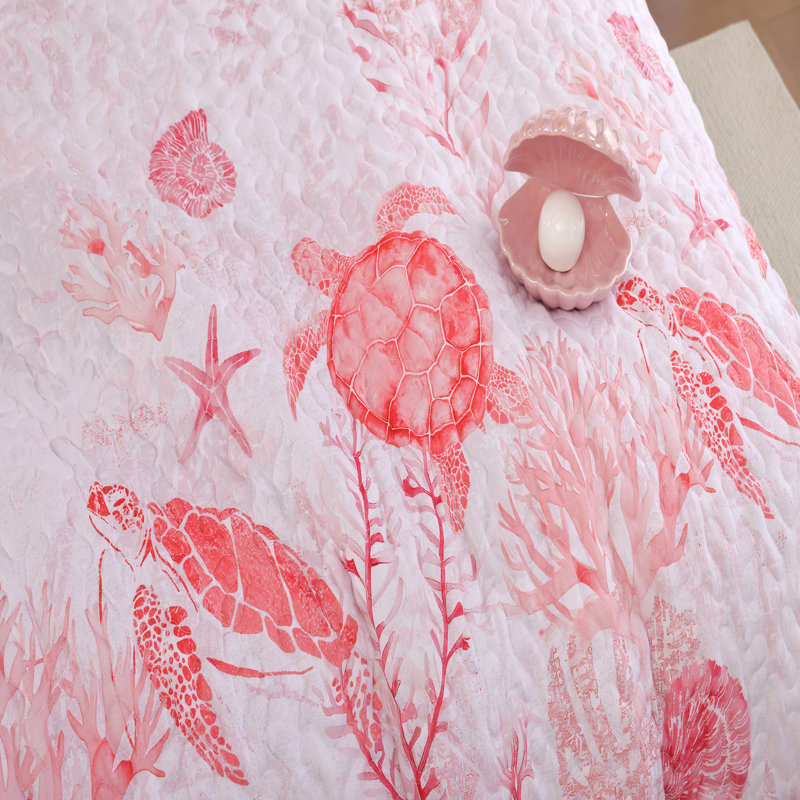 Coastal Quilt Set Lightweight Ocean Print Quilt With Pillowcases, King Quilt + 2 King Pillowcases, Pink Turtle