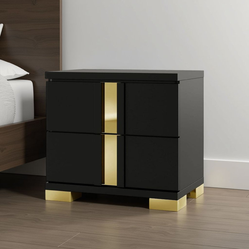 Table de chevet Yoki, 2 tiroirs, moderne glam noir et or, 23 pouces, Noir