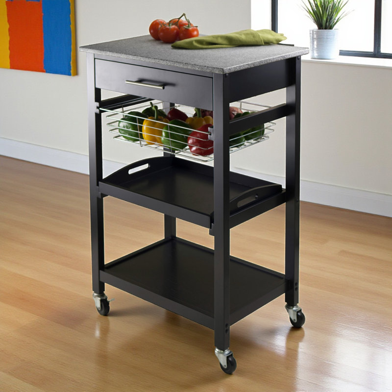Julia Utility Cart with 1-Drawer and 2-Shelf in Black Finish, 33.63" H X 22.37" W X 15.58" D
