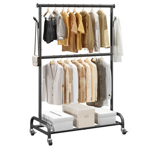 Portant pour vêtements, support à vêtements roulant avec barre transversale réglable et crochets latéraux, capacité de charge de 150 lb, supports à vêtements robustes en acier au carbone avec roues pour la chambre à coucher, la buanderie et le sa