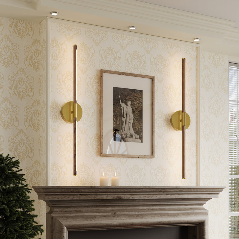 32'' Battery Operated Wall Sconces with Remote Control, Dimmable Wall Sconces Set of Two, 350°Rotate, Walnut/Gold