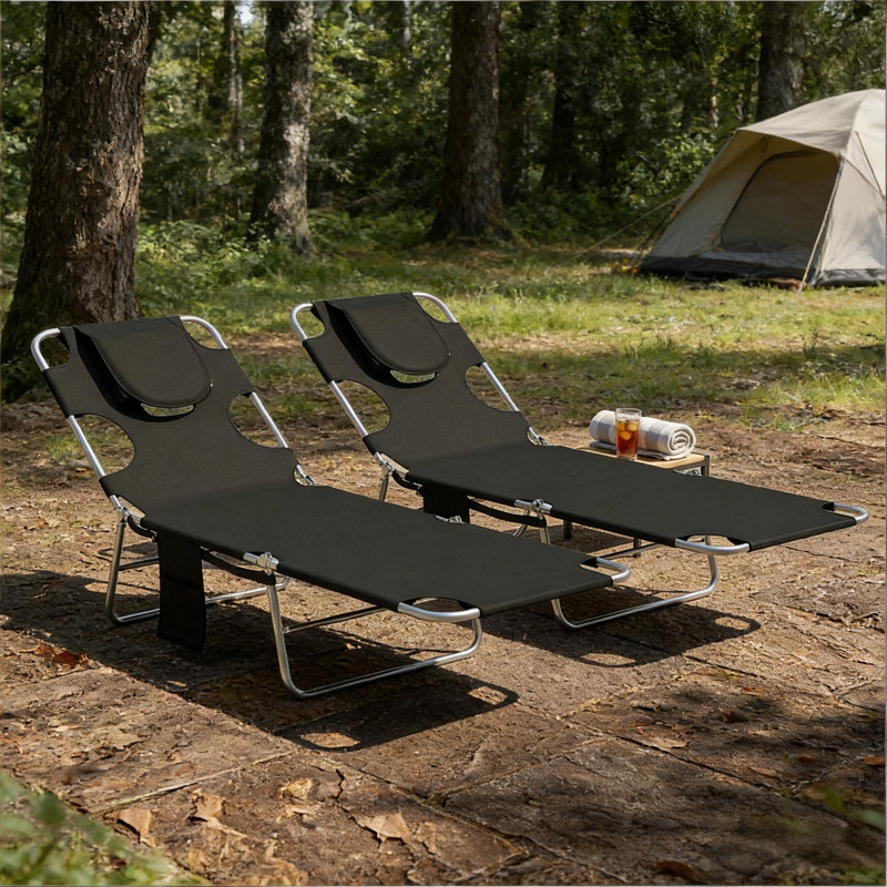Chaises de bronzage de plage, ensemble de deux chaises longues pliantes, chaises longues d'extérieur à dossier réglable, Noir