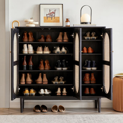 Black + Pale-yellow Solid Wood + Rattan Shoe Storage