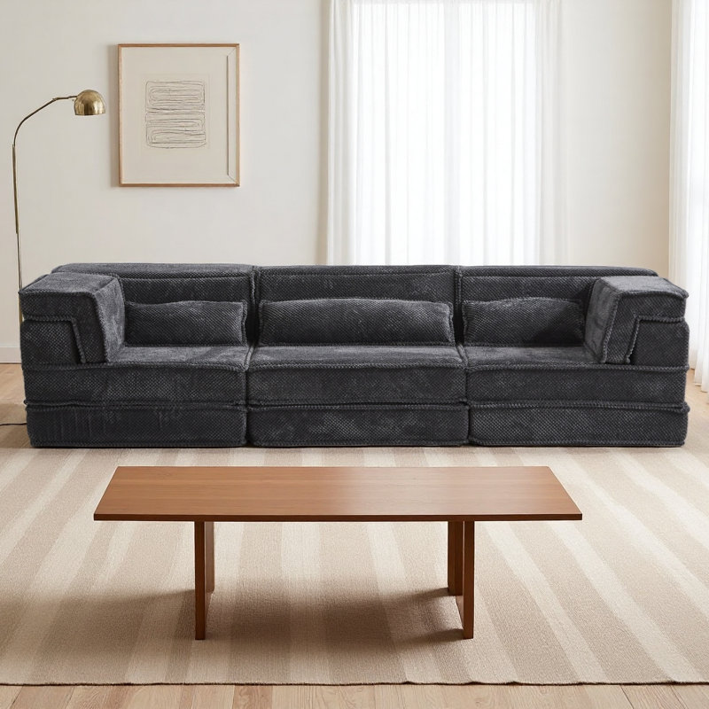 Compression Mahjong Sofa,Convertible Floor Sofa Bed,DIY Boneless Modular Sectional Sofa,No Assembly Required,Circle Fleece Fabric,Oversized 3 Seater With 3 Pillows