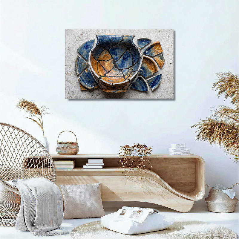 Blue And Orange Broken Pottery Shards Canvas Wall Art, 12"H x 18"W