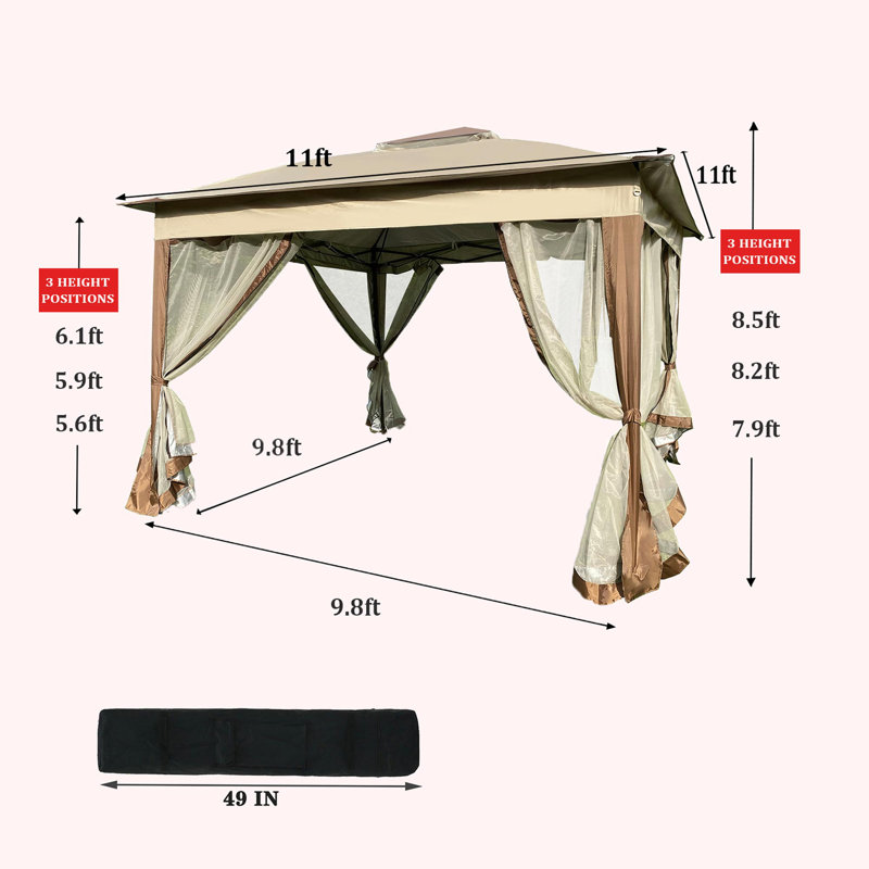 11x11 ft Brown Metal Patio Gazebo with Netting and 2-Tier Roof