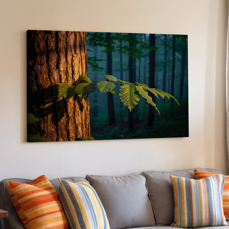 Toile, scène sereine de forêt avec gros plan sur un tronc d'arbre avec écorce brune texturée partiellement illuminée par une toile tendue