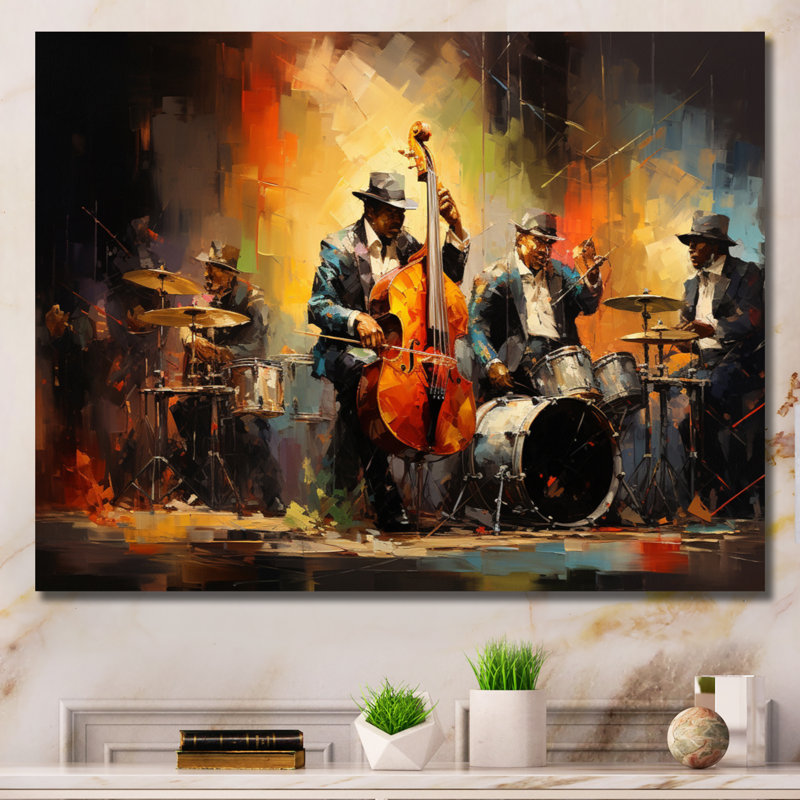 Beira jaune orange Jazz Band - art mural de danse pour le salon, Sans cadre, H 24 po x l 32 po, Wrapped Canvas