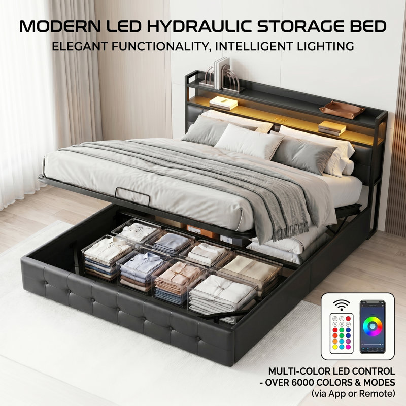 Modern Upholstered Ottoman Storage Bed With LED Headboard & USB-C Port, Industrial Bed Frame, Black PU