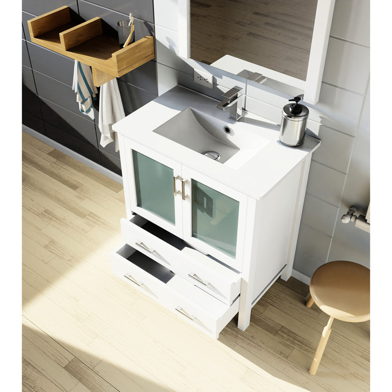 Meuble-lavabo blanc pour salle de bain, comptoir en céramique, miroir 28 po, fermeture en douceur, une armoire et deux tiroirs, meuble-lavabo à surface de travail, mécanisme, armoire de rangement,