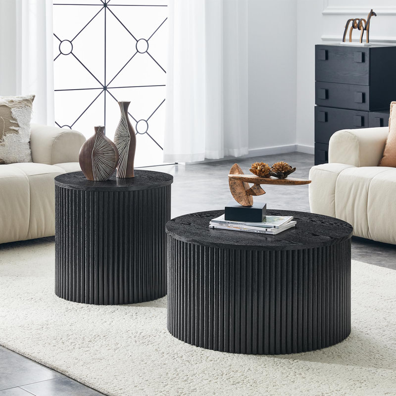 Roman Column Nesting Coffee Tables, 2-Piece Set with Built-in Storage, Black Grain Finish, Black
