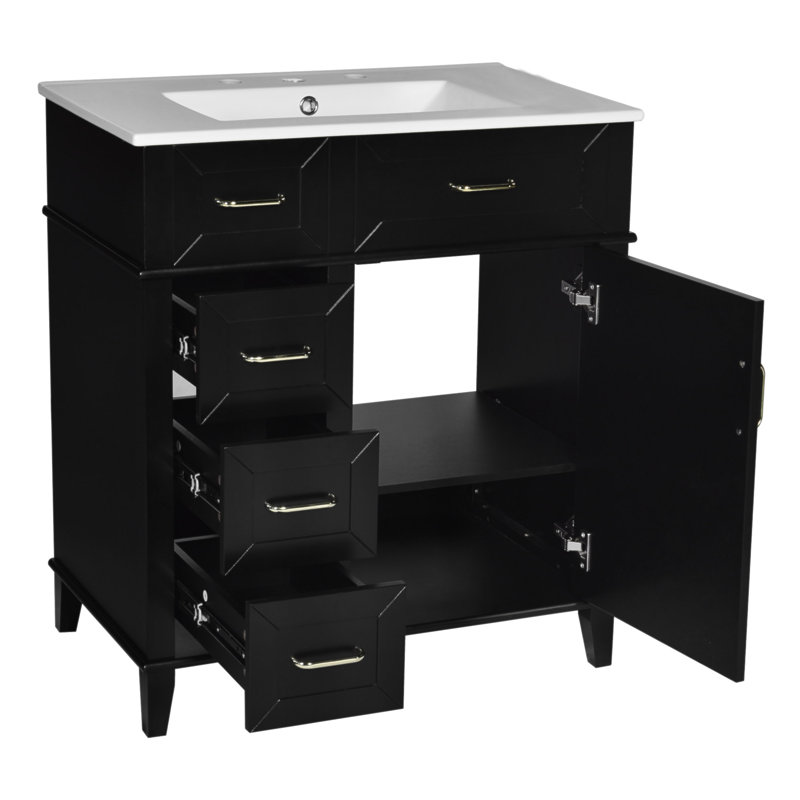 Meuble-lavabo de 30 pouces avec lavabo en céramique, tablette réglable, porte à fermeture en douceur et trois tiroirs à fermeture en douceur pour un rangement élégant