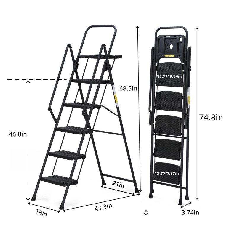 Échelle à 5 marches, escabeau pliable avec plateau à outils et larges pédales antidérapantes, échelle en acier robuste, mains courantes pratiques, escabeau en acier portable léger