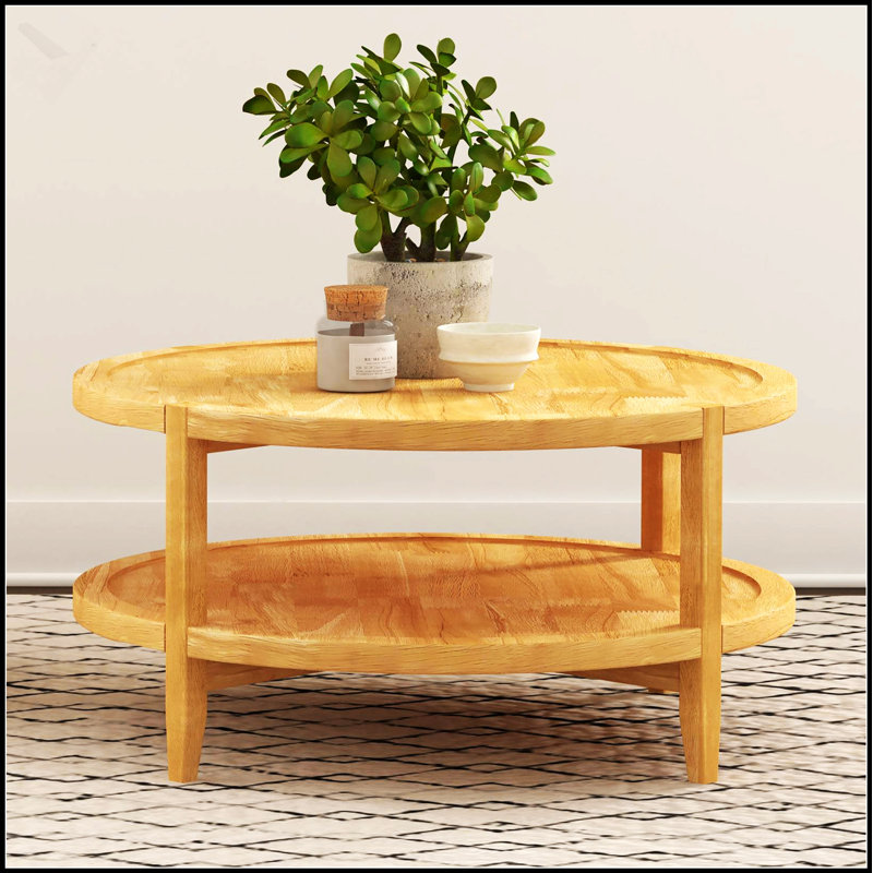 Table basse ronde en bois massif d'érable Isbell avec tablette inférieure pour rangement et présentation