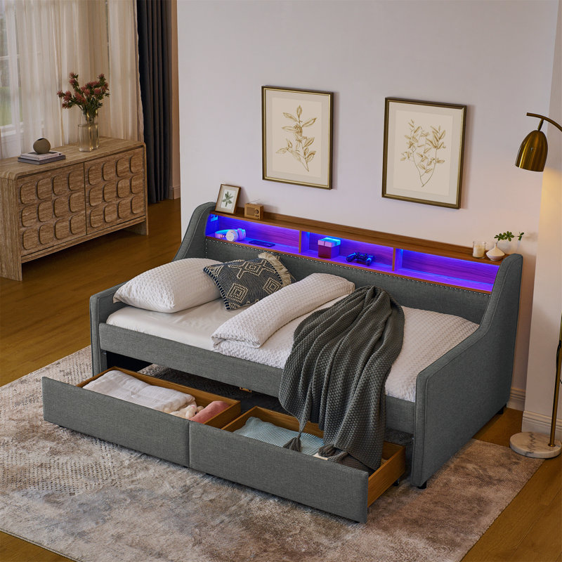 Versatile Linen Padded Sofa Bed with Multiple Storage Options and Wireless Charging, Grey