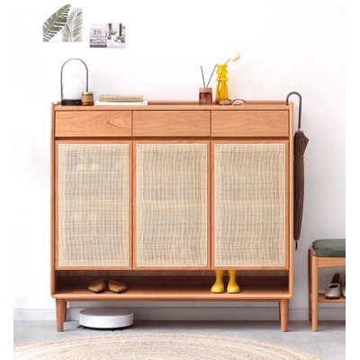 Vintage-Style Wicker and Solid Cherry Wood Shoe Cabinet