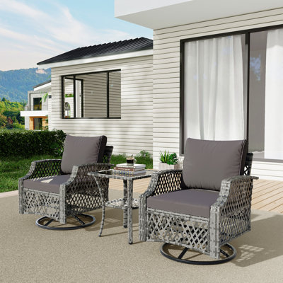 3 Piece Outdoor Swivel Chair Set, Wicker Patio Bistro Set With Thickened 25D Cushions And Glass Coffee Table