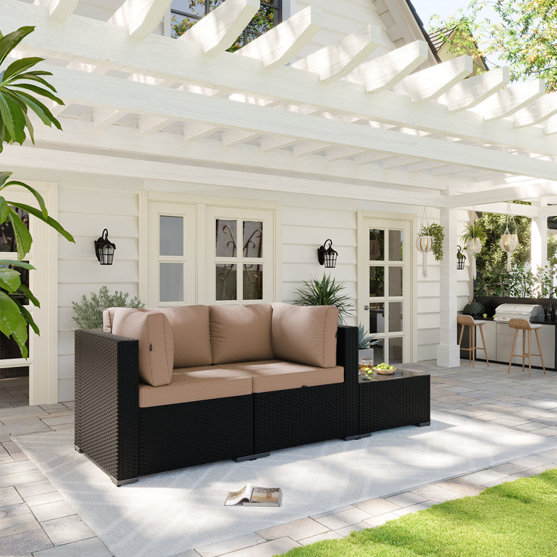 3 -Person Rattan Patio Safo With Cushions, Beige, Black