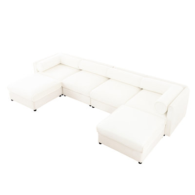 Canapé modulaire blanc avec compartiments de rangement - tissu chenille, assise profonde confortable, tissu ergonomique blanc, en forme de U, cylindrique pour un look tendance