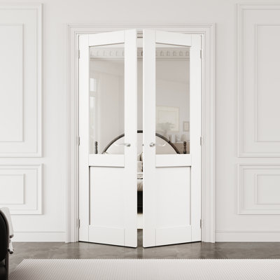 Porte française intérieure en verre transparent de 48 po x 80 po demi-Lite avec quincaillerie argentée et loquet et levier de porte, plaque de porte en verre trempé avec sécurité, pouvant être peinte et imperméable, combinaison pour la lessive, portes de placard, portes de pièce, assemblage requis