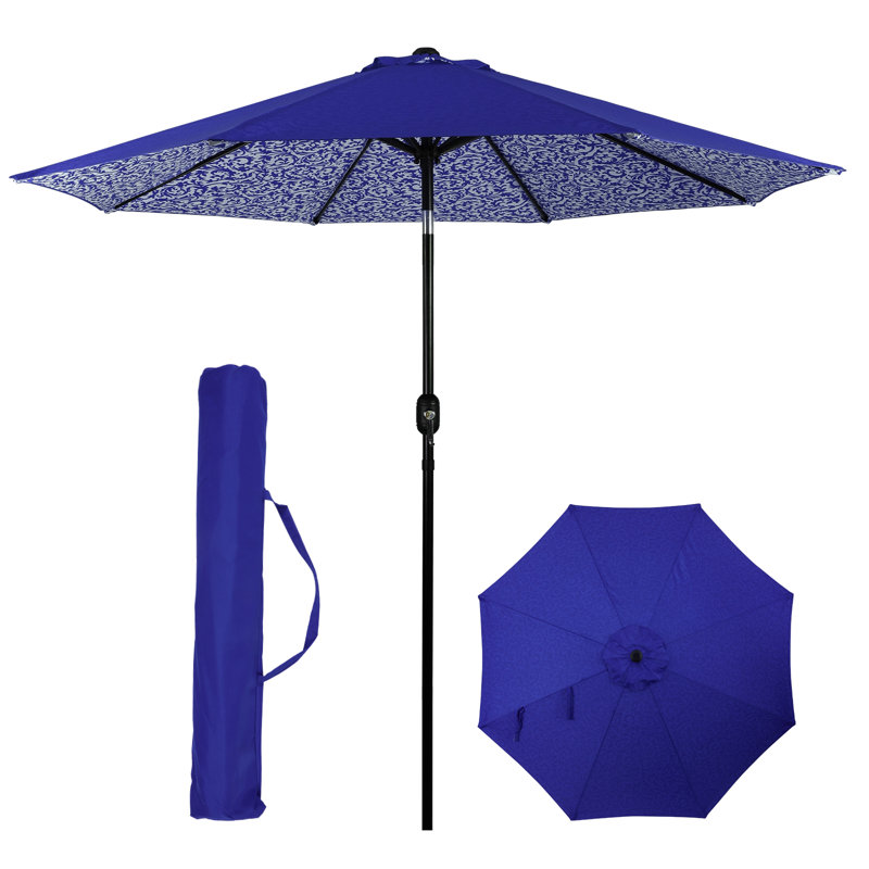  Parasol de patio 9 pi avec système d'inclinaison à bouton-poussoir et manivelle - tissu de polyester résistant aux rayons UV, parasol de marché avec 8 nervures robustes