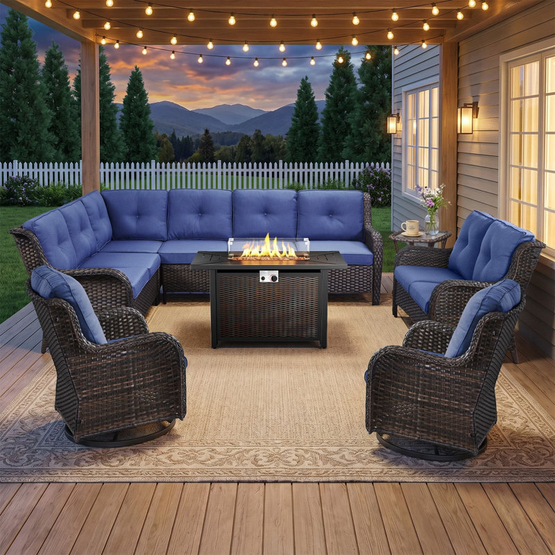 Ensemble de mobilier de jardin modulaire de 6 pièces en résine tressée avec table foyer, idéal pour les fêtes en famille.
