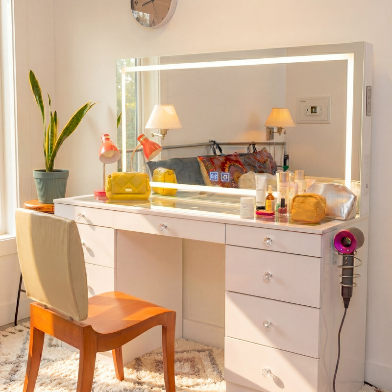 Boahaus Elara Extra-Large Vanity Desk with LED Mirror –  Makeup Vanity Designed as a Complete Dressing Station with Integrated Power and Speakers