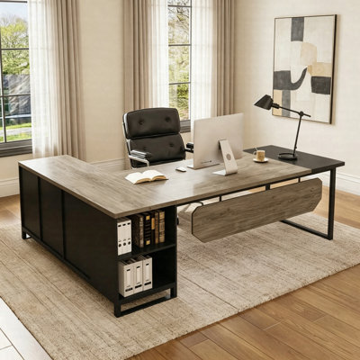 Bureau de direction en L 70,87 po avec classeur de 55 po, grand bureau avec rangement