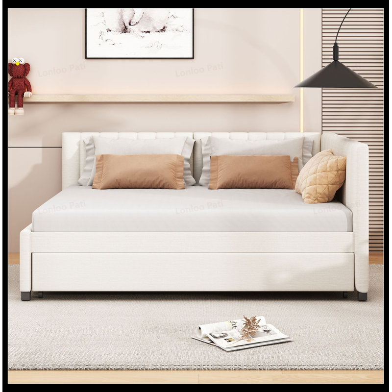 Full Size Linen Upholstered Daybed with Trundle, No Box Spring Required, Space-Saving and Durable, Beige