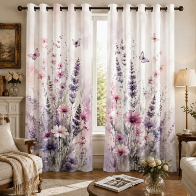 Ensemble de 2 rideaux à motifs floraux et papillons aquarelle, style jardin artistique, imprimés légers et aérés, à œillets, voilages décoratifs pour salon et chambre à coucher.