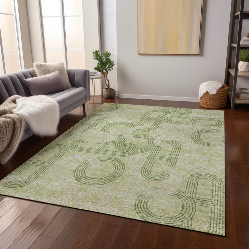 Aloe Green Geometric Washable Rectangular Synthetic Rug 2'6" x 3'10"