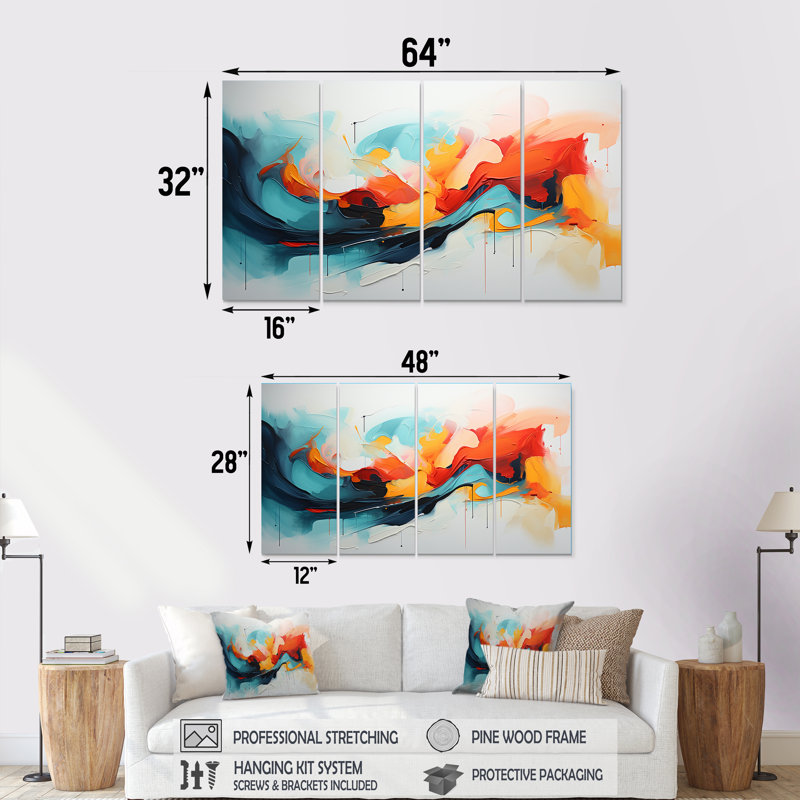 «Colorful Abstract Expression II», peinture abstraite sur toile 4 pièces, H 28 po x l 48 po